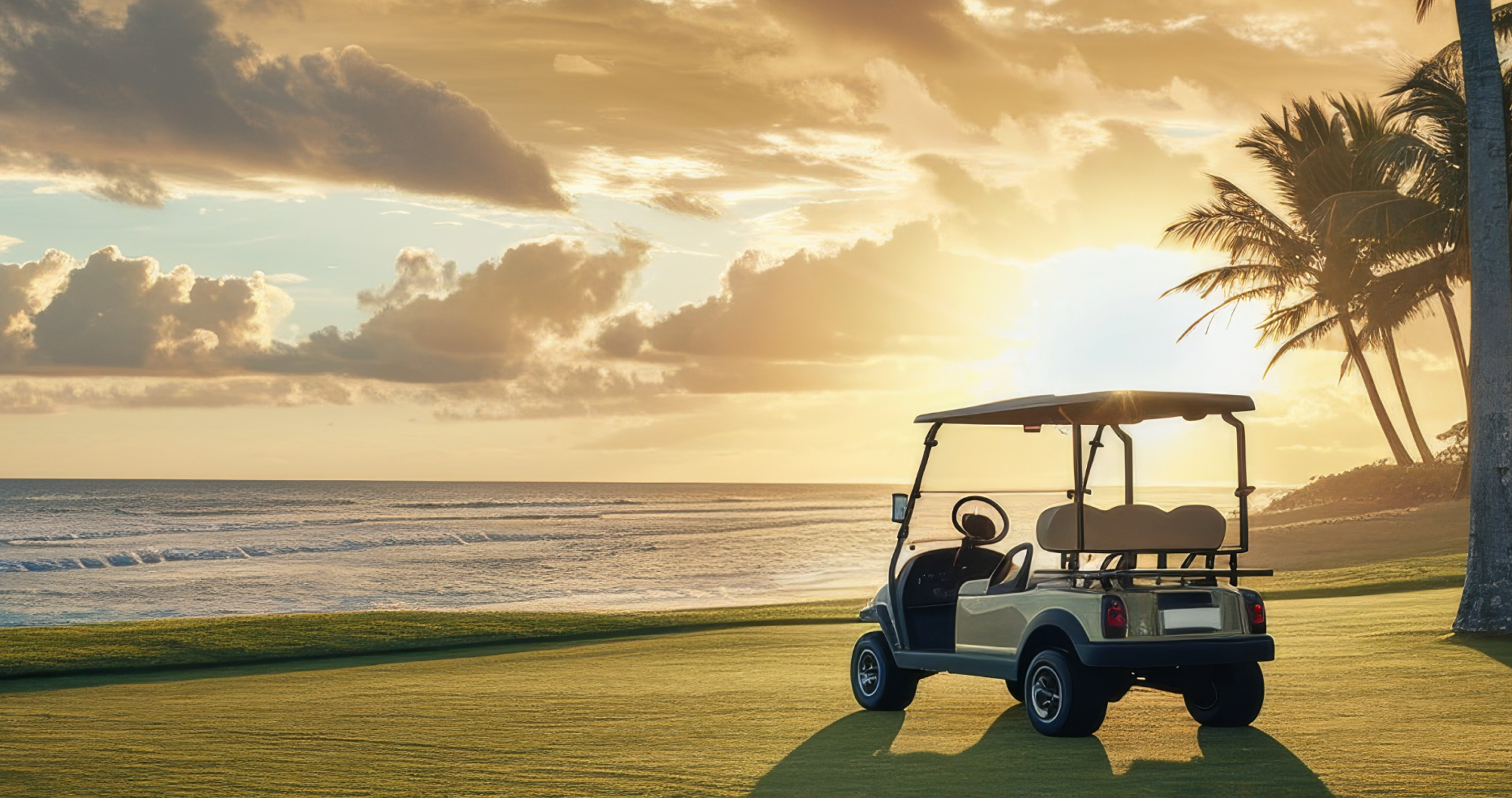 A golf cart parked on the grass at a seaside golf course with a sunset in the background
